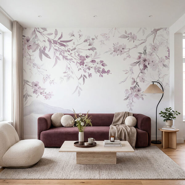 Pintura de um ramo de árvore com flores roxas Pintura de um ramo de árvore com flores roxas
