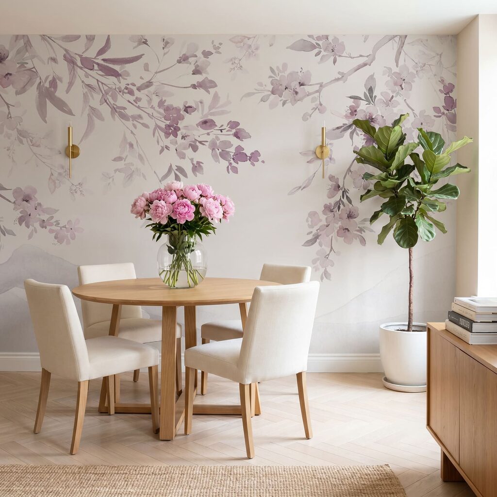 Pintura de um ramo de árvore com flores roxas Pintura de um ramo de árvore com flores roxas