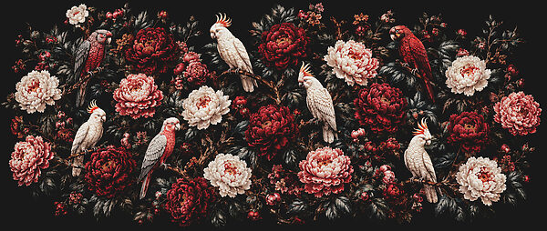 Painting of birds on a branch with flowers Painting of birds on a branch with flowers