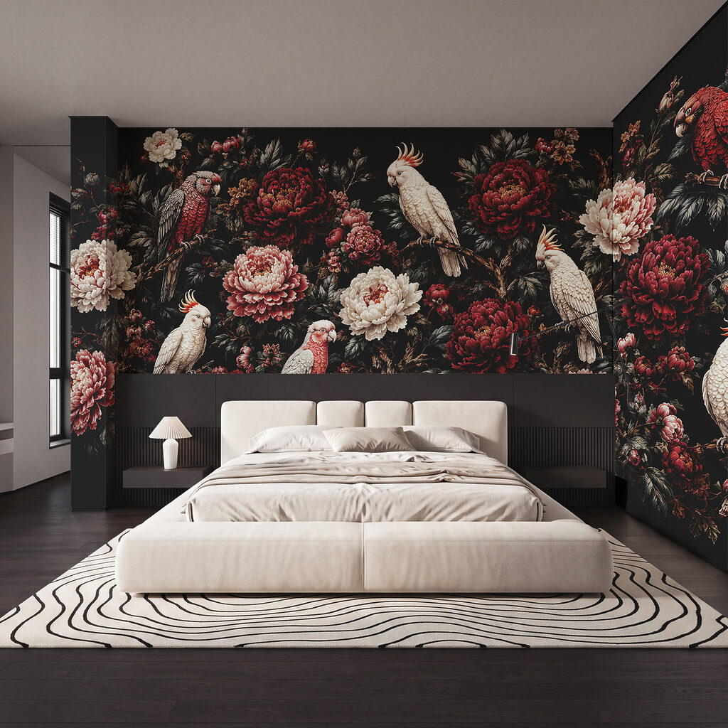 Pintura de pássaros num ramo com flores Pintura de pássaros num ramo com flores