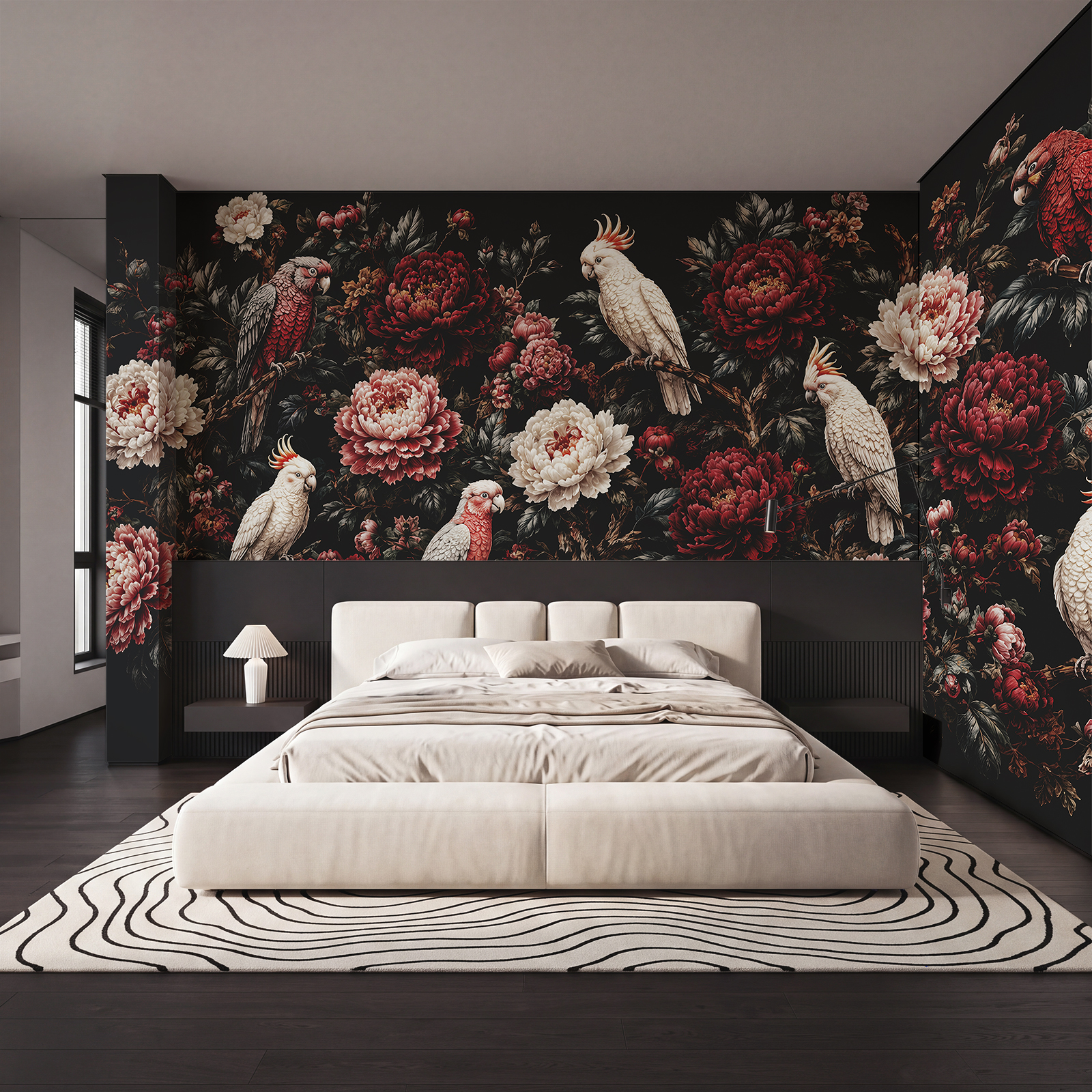 Pintura de pássaros num ramo com flores Pintura de pássaros num ramo com flores
