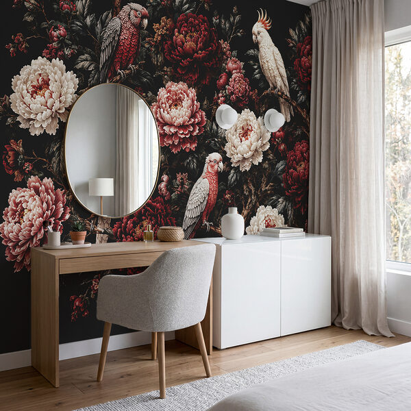 Pintura de pássaros num ramo com flores Pintura de pássaros num ramo com flores