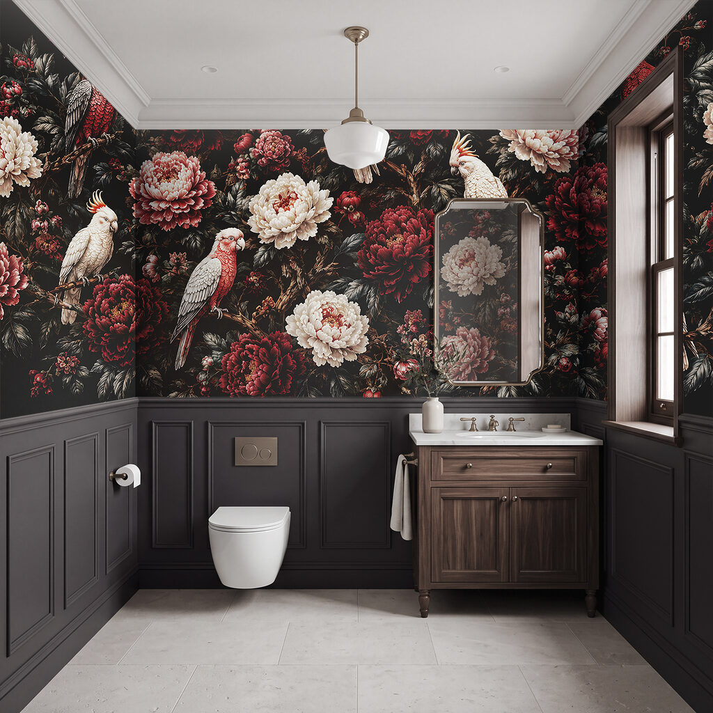 Pintura de pássaros num ramo com flores Pintura de pássaros num ramo com flores