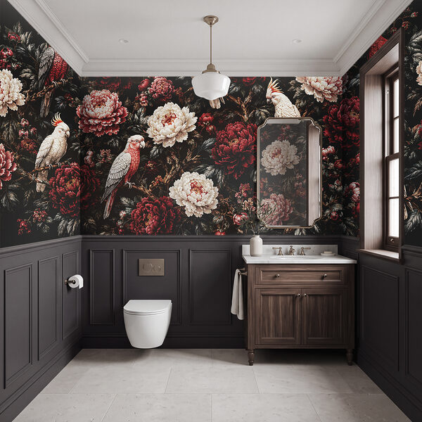 Pintura de pássaros num ramo com flores Pintura de pássaros num ramo com flores
