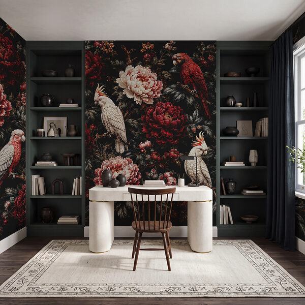 Pintura de pássaros num ramo com flores Pintura de pássaros num ramo com flores