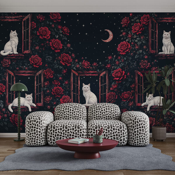 Grupo de gatos sentados nas janelas, rodeados de rosas
