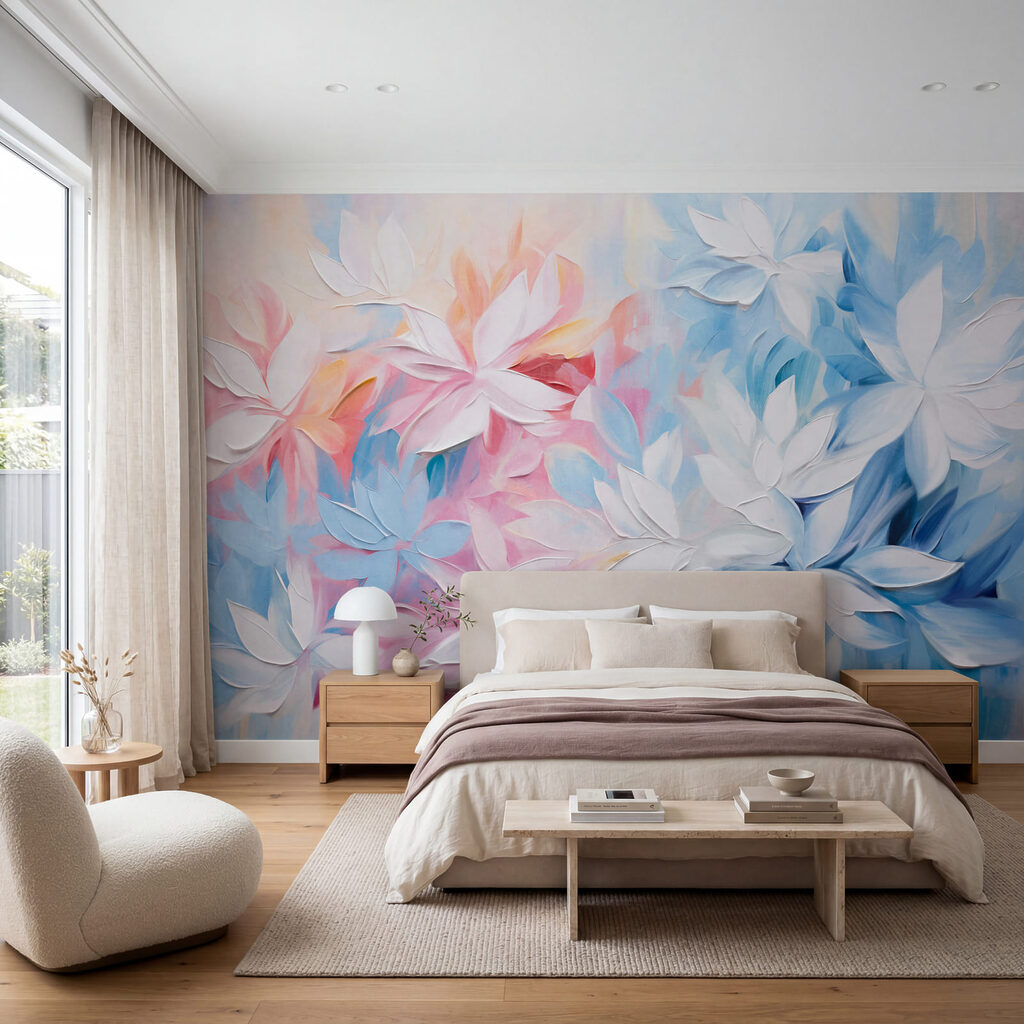 Pintura de flores com folhas brancas e azuis Pintura de flores com folhas brancas e azuis