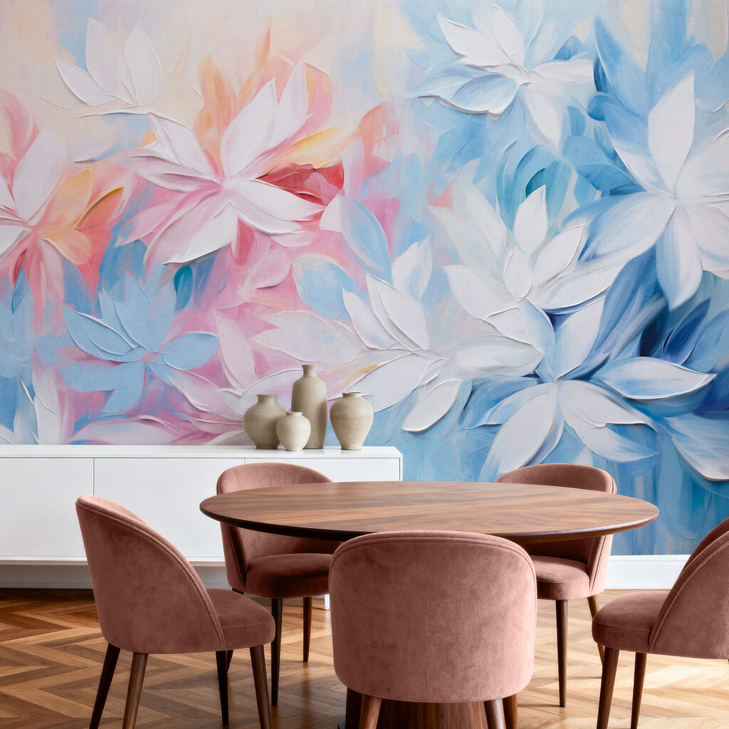 Pintura de flores com folhas brancas e azuis Pintura de flores com folhas brancas e azuis