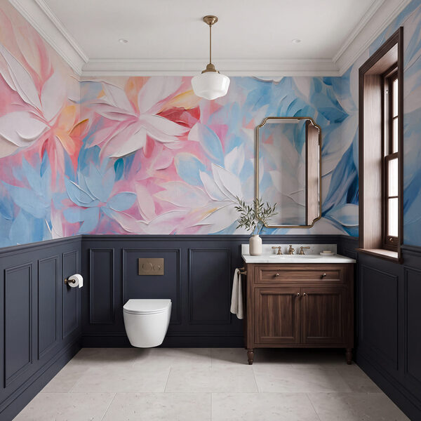 Pintura de flores com folhas brancas e azuis Papel de parede Pintura de flores com folhas brancas e azuis