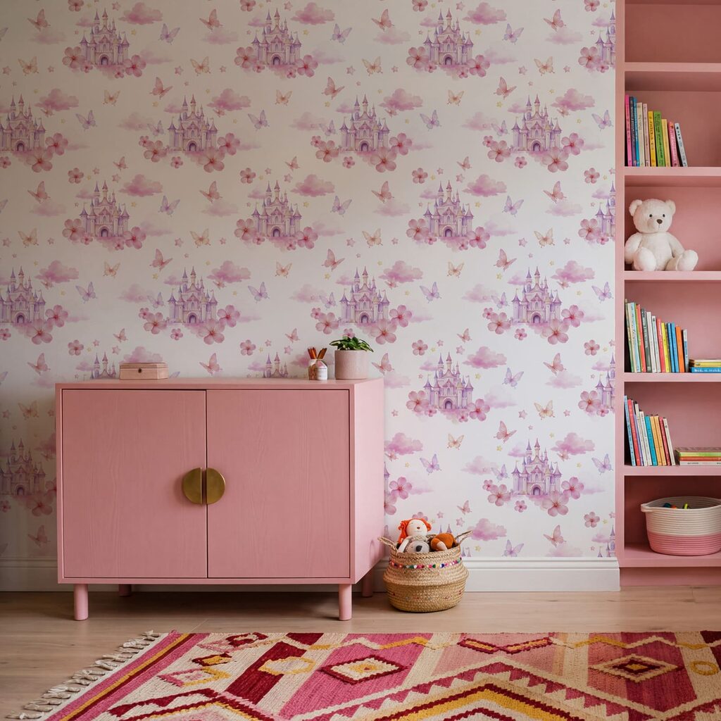Padrão com borboletas cor-de-rosa e roxas e um castelo