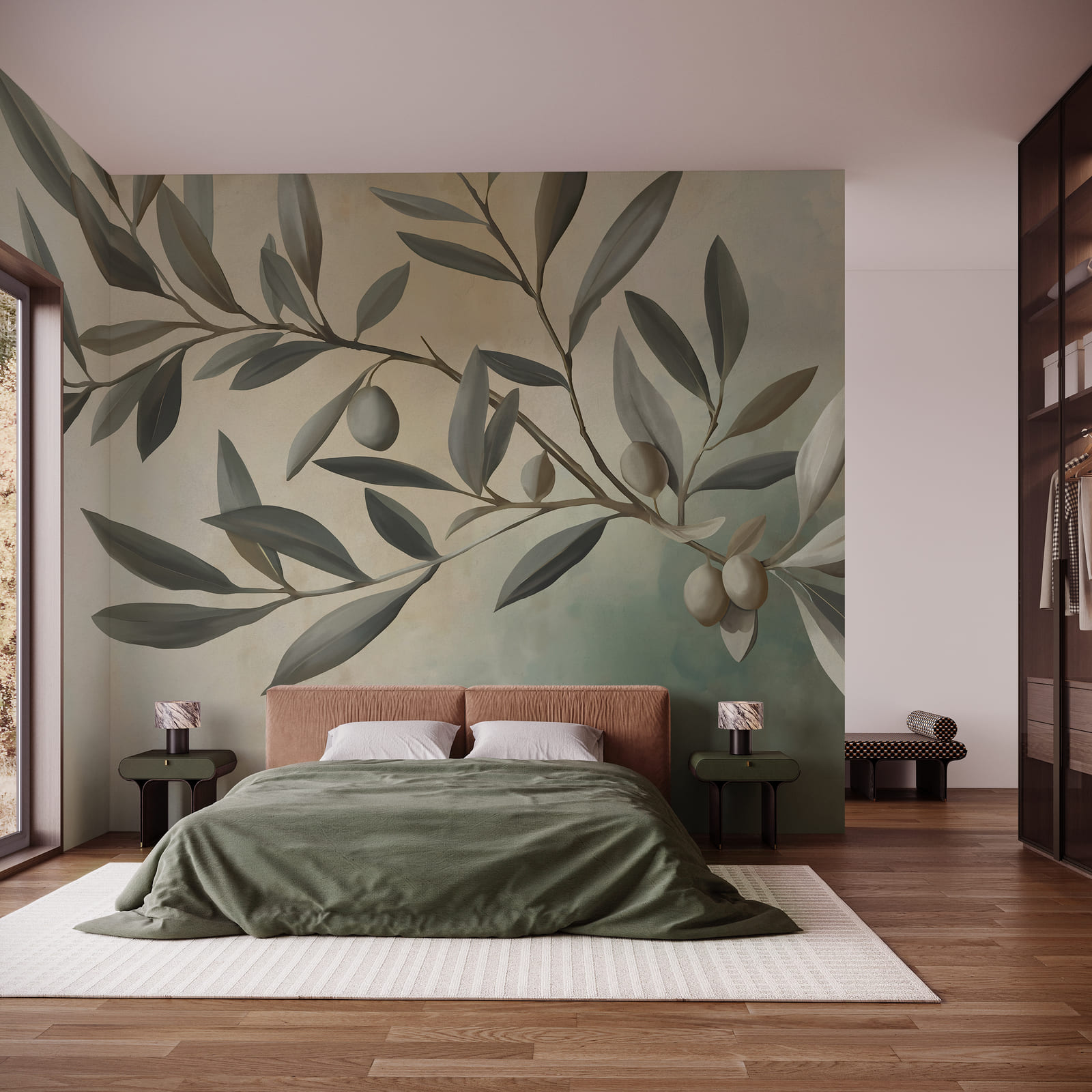 Pintura de um ramo com folhas e frutos Pintura de um ramo com folhas e frutos