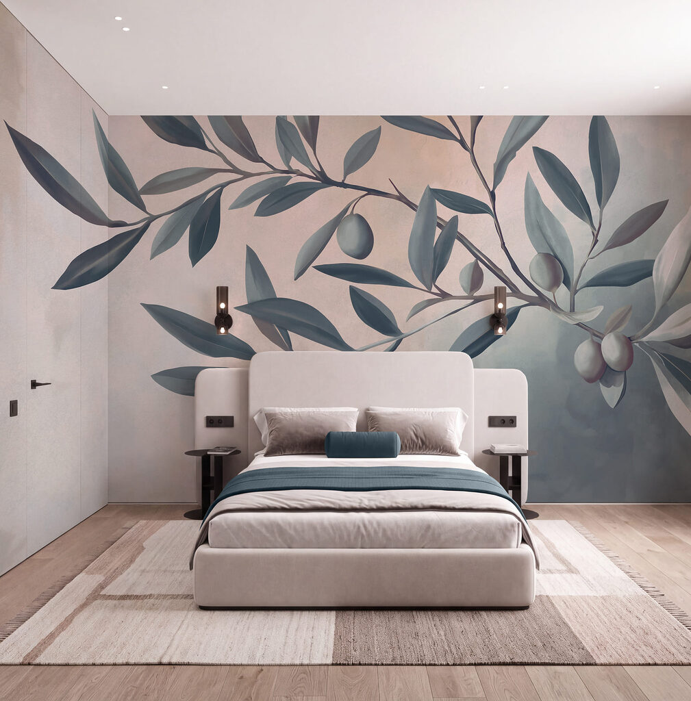 Pintura de um ramo com folhas e frutos Pintura de um ramo com folhas e frutos