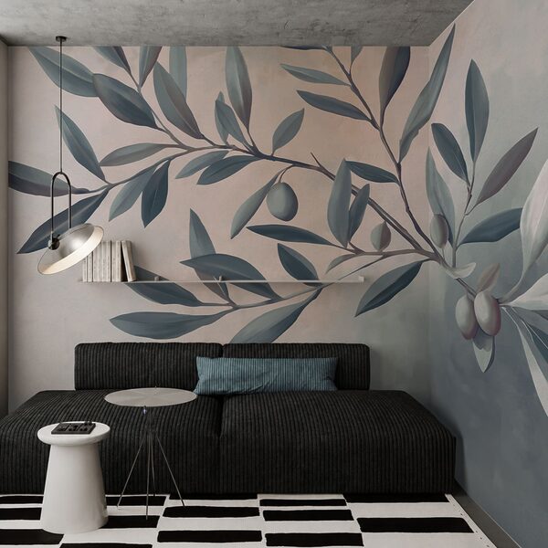 Pintura de um ramo com folhas e frutos Pintura de um ramo com folhas e frutos