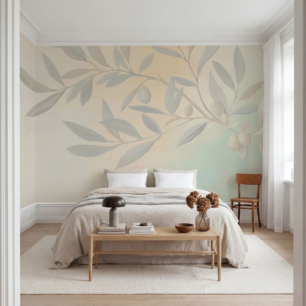 Pintura de um ramo com folhas e frutos