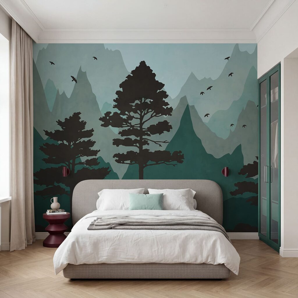 Pintura de uma floresta com montanhas e pássaros Pintura de uma floresta com montanhas e pássaros