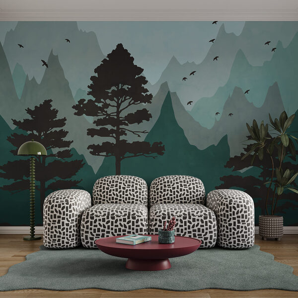 Pintura de uma floresta com montanhas e pássaros Pintura de uma floresta com montanhas e pássaros