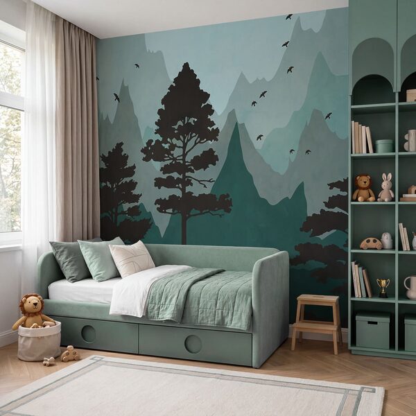 Pintura de uma floresta com montanhas e pássaros Pintura de uma floresta com montanhas e pássaros