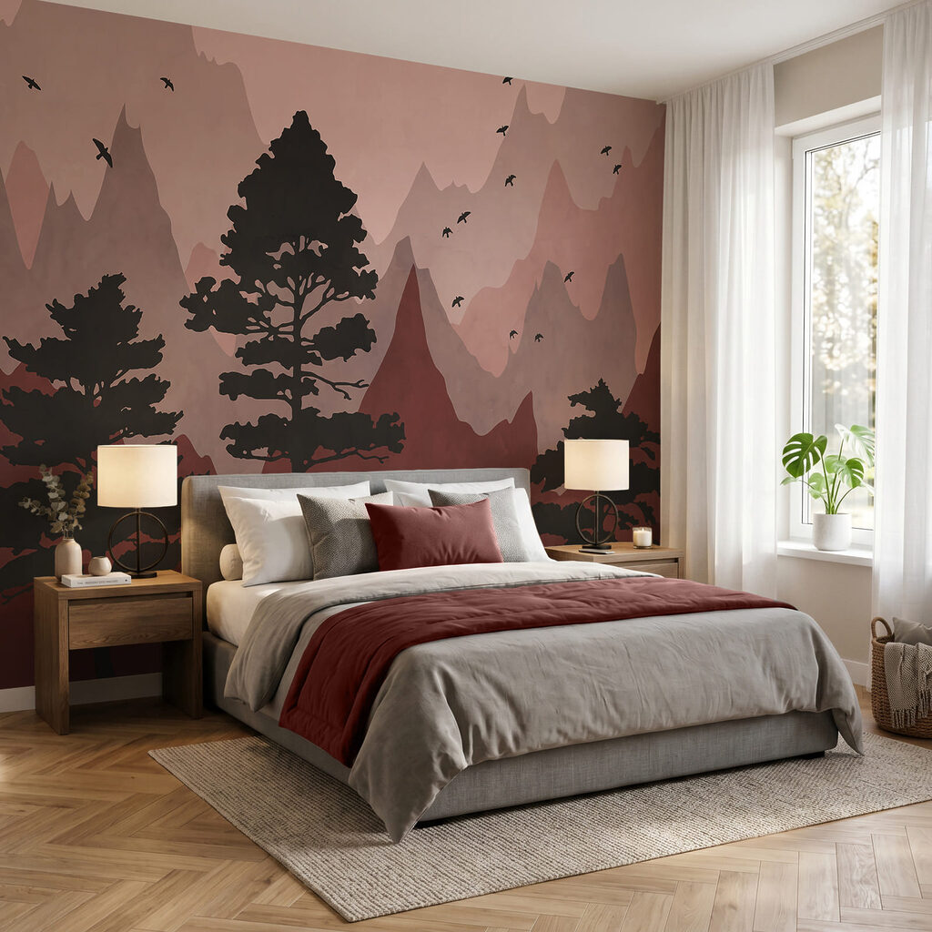 Pintura de montanhas e árvores