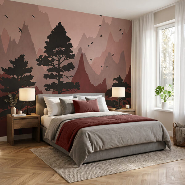 Pintura de montanhas e árvores