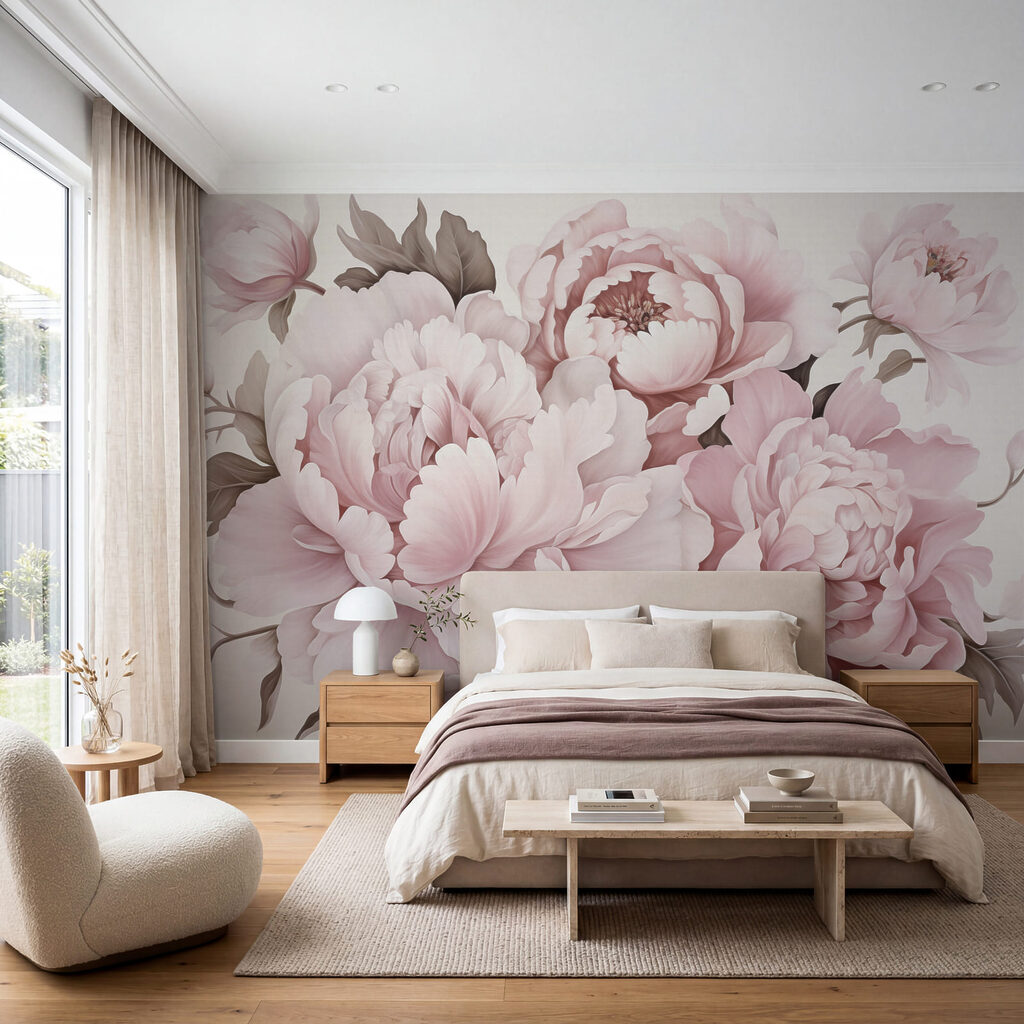 Peônias de um rosa suave em plena floração