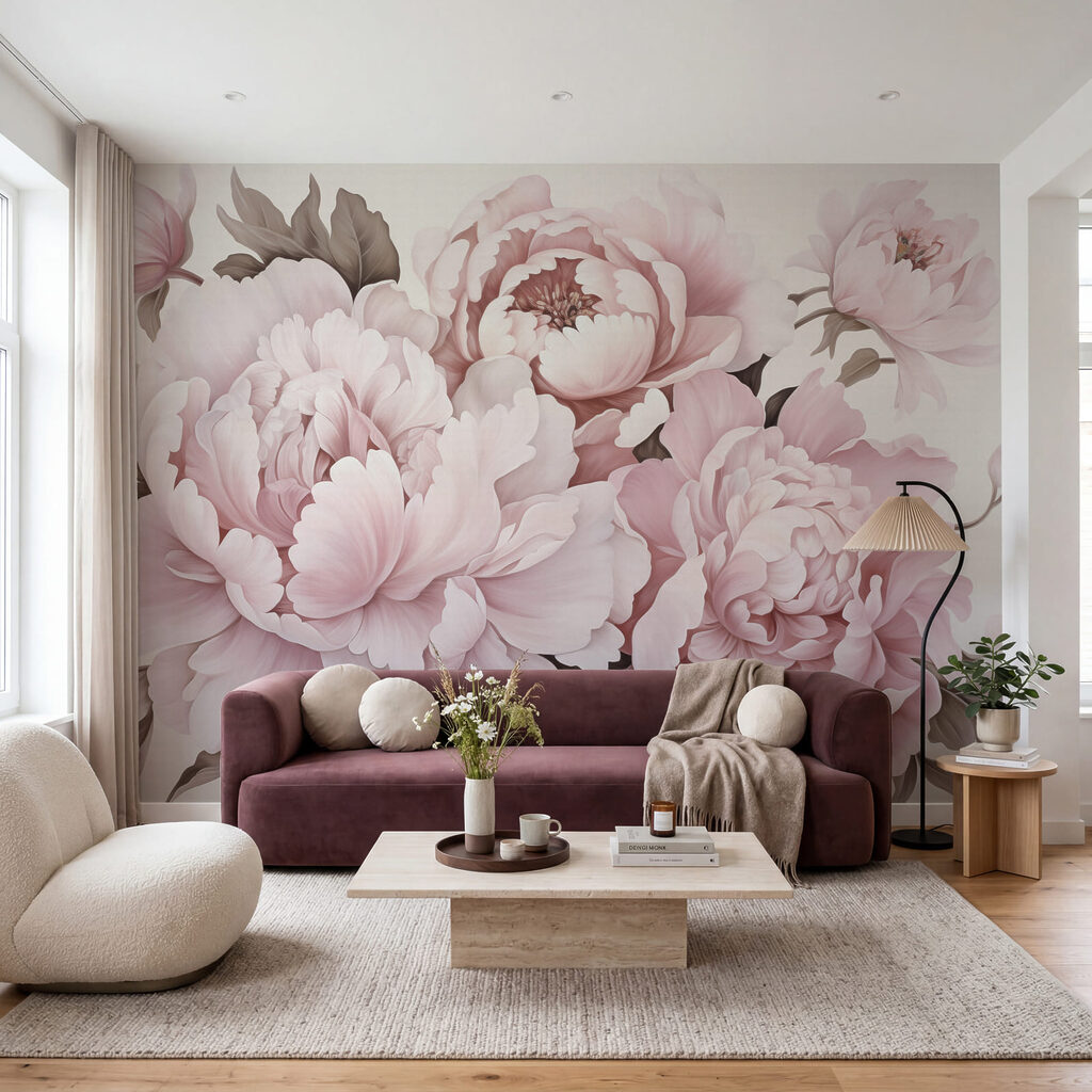 Peônias de um rosa suave em plena floração