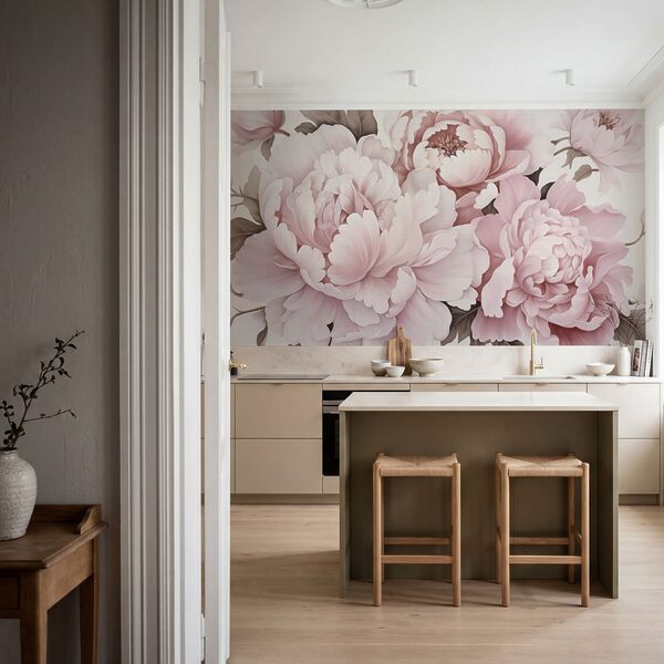 Peônias de um rosa suave em plena floração