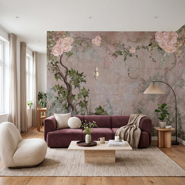 Pintura de uma árvore com flores e uma lanterna Pintura de uma árvore com flores e uma lanterna