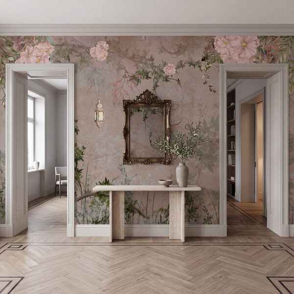 Pintura de uma árvore com flores e uma lanterna Pintura de uma árvore com flores e uma lanterna