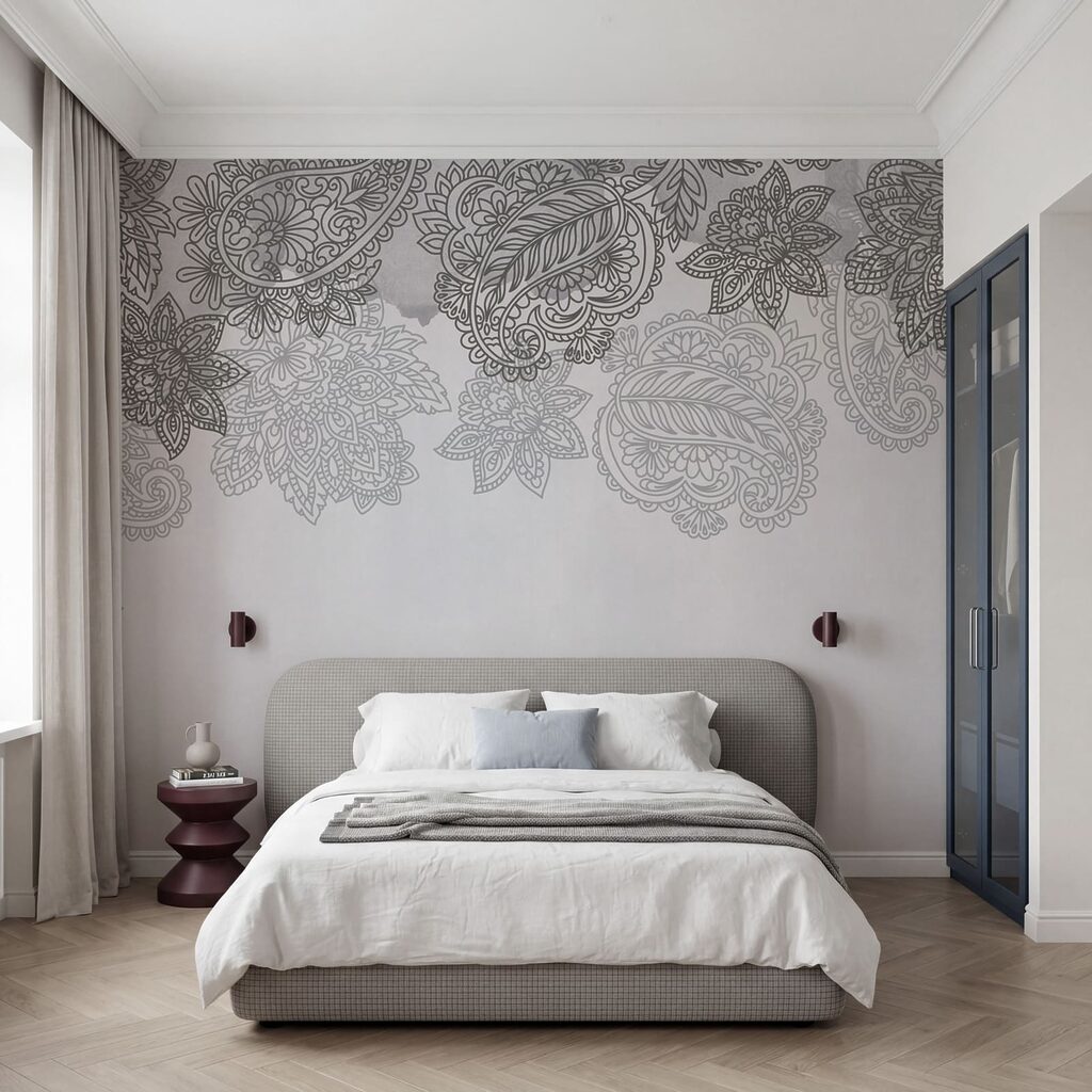 Fundo cinzento e branco com padrão paisley