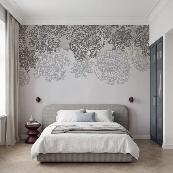 Fundo cinzento e branco com padrão paisley