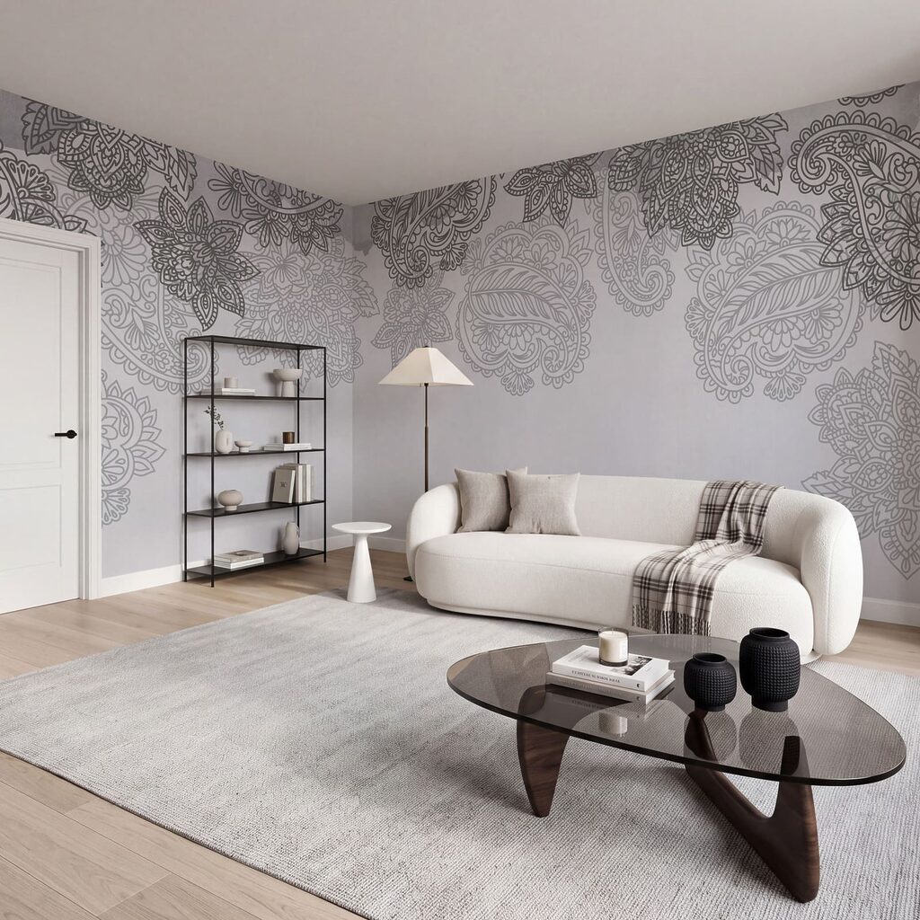 Fundo cinzento e branco com padrão paisley