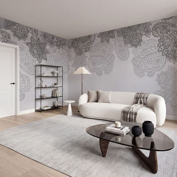 Fundo cinzento e branco com padrão paisley