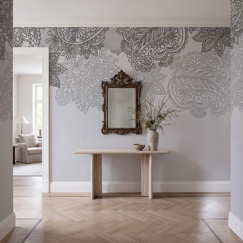Fundo cinzento e branco com padrão paisley