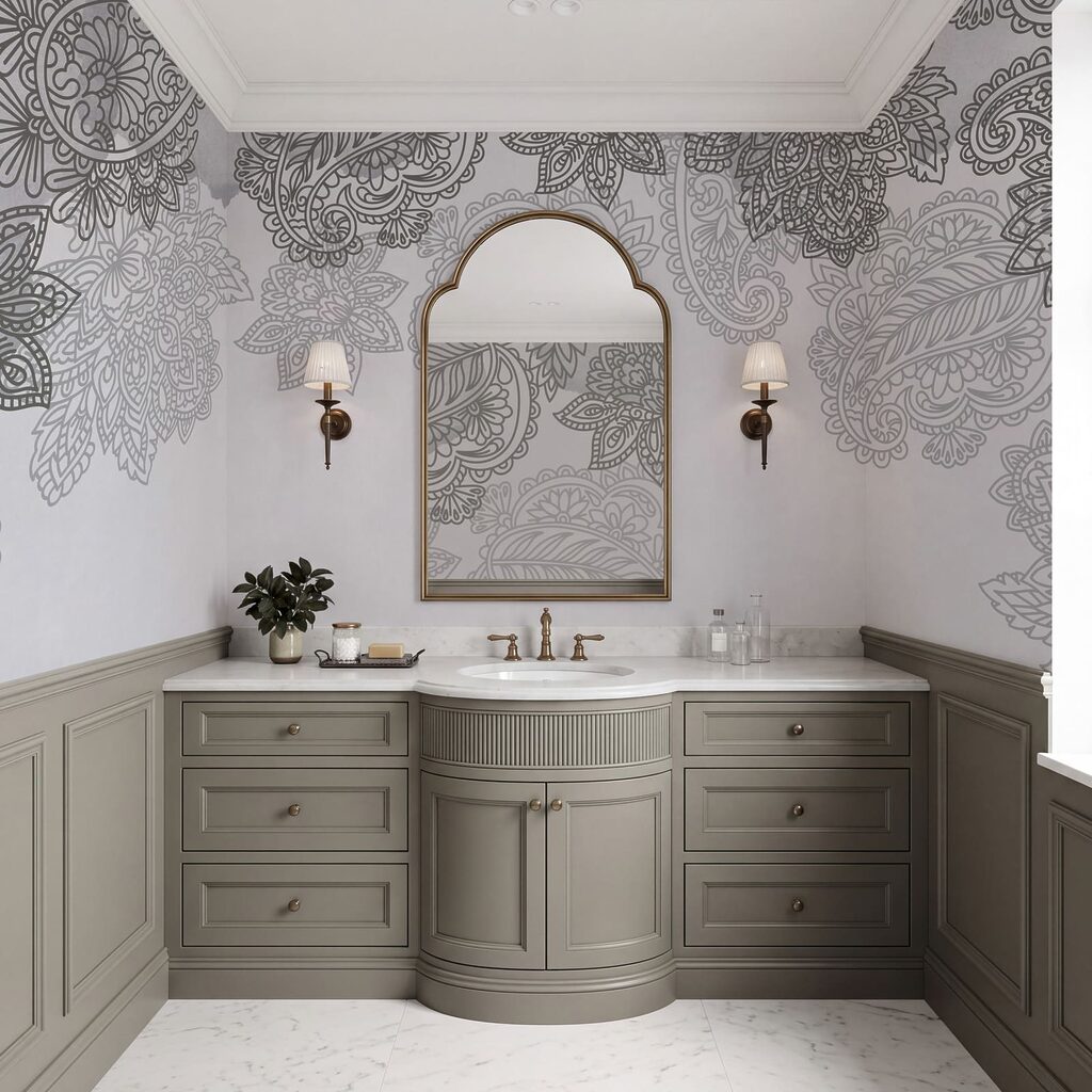 Fundo cinzento e branco com padrão paisley