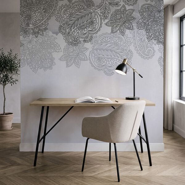 Fundo cinzento e branco com padrão paisley