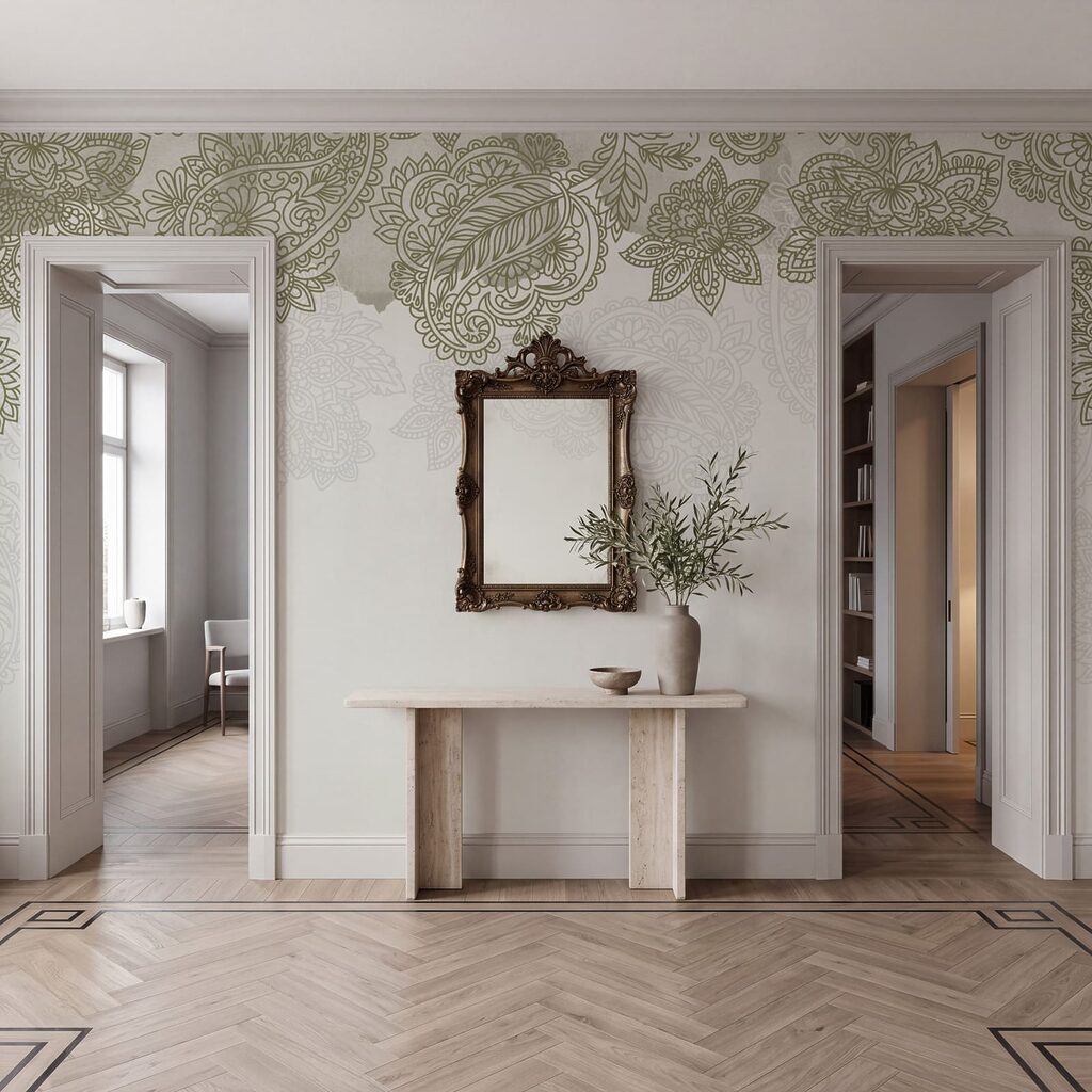 Fundo branco com um padrão de folhas e flores Fundo branco com um padrão de folhas e flores