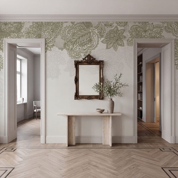 Fundo branco com um padrão de folhas e flores Fundo branco com um padrão de folhas e flores