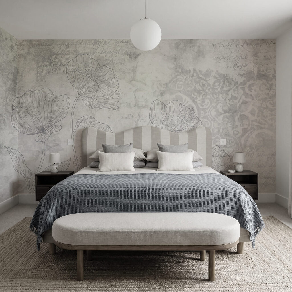 Padrão floral em cinzento e branco