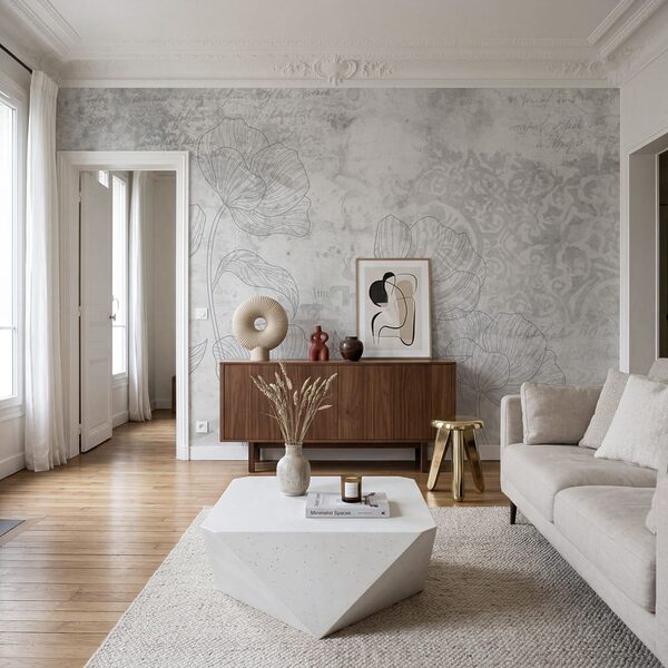 Padrão floral em cinzento e branco