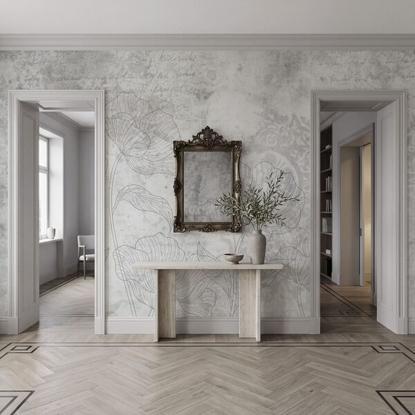 Padrão floral em cinzento e branco