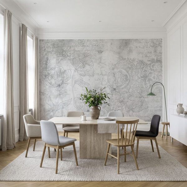 Padrão floral em cinzento e branco