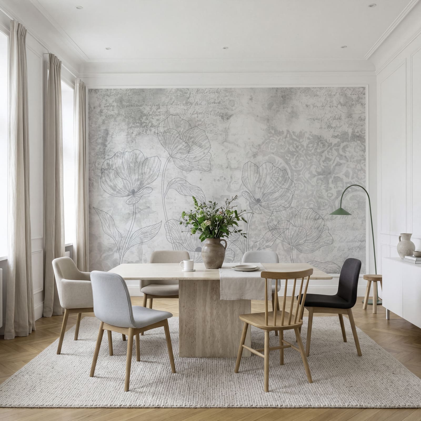 Padrão floral em cinzento e branco