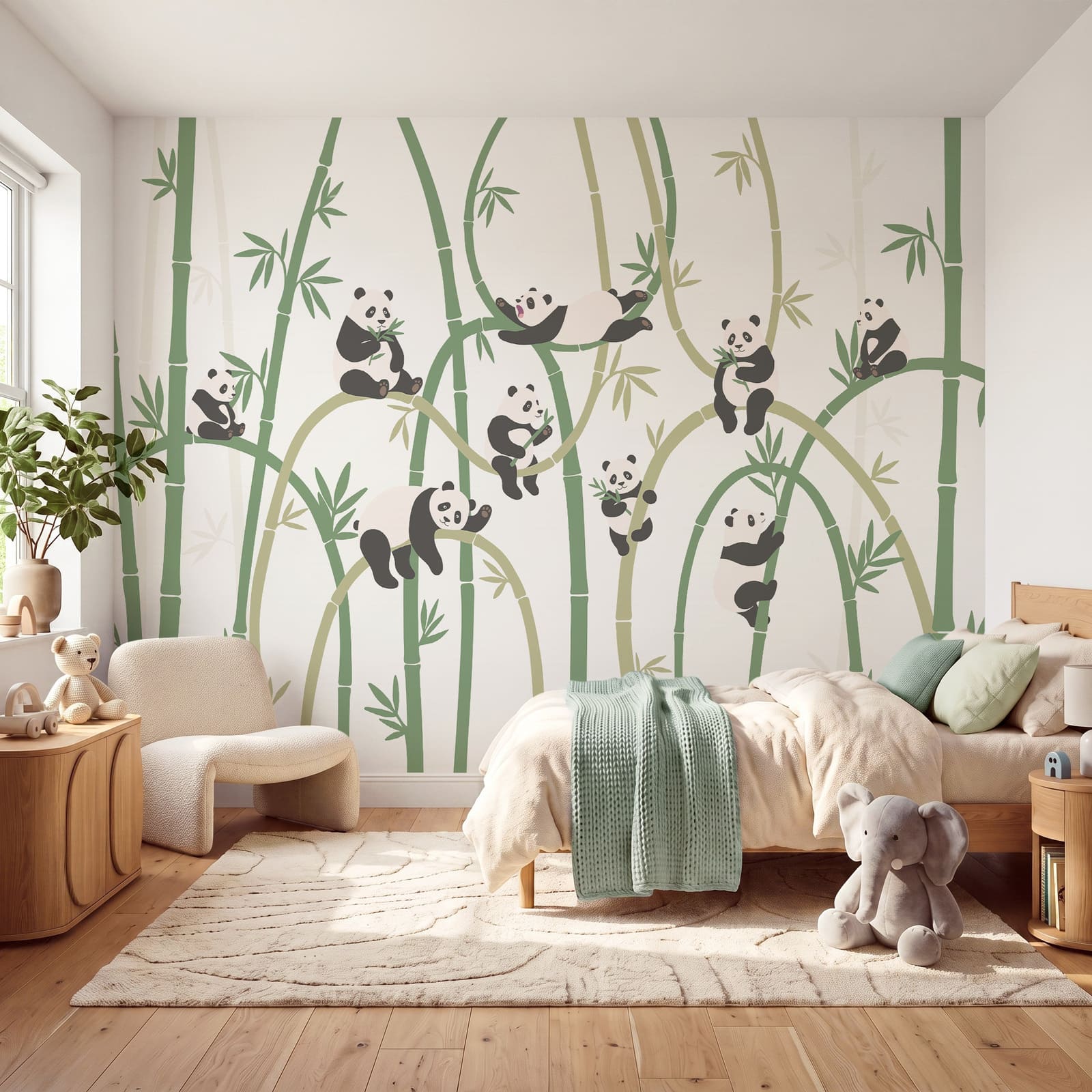 Grupo de pandas a comer bambu