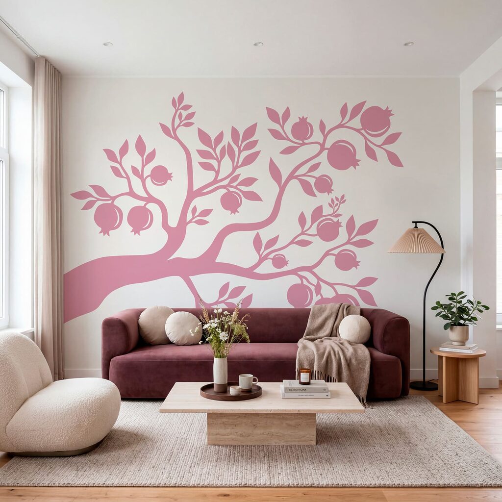 Árvore com ramos e frutos cor-de-rosa