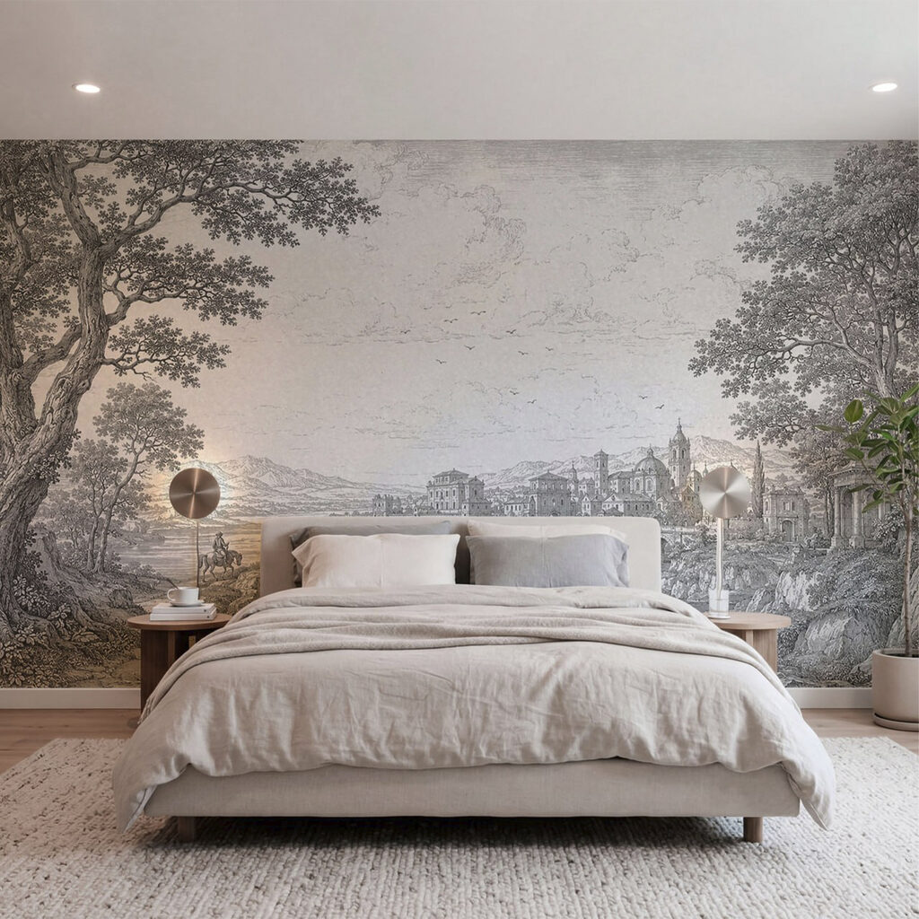 Desenho de uma cidade com uma ponte e um rio