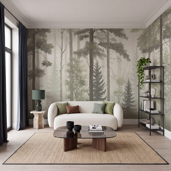 Floresta enevoada com árvores