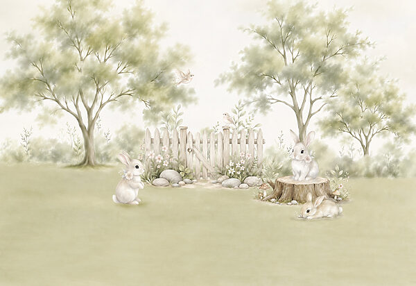 Painting of rabbits in a garden