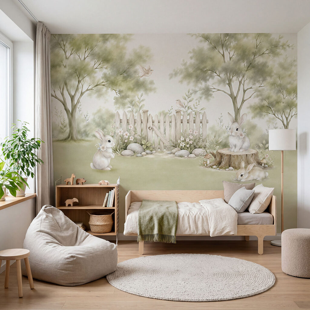 Pintura de coelhos num jardim