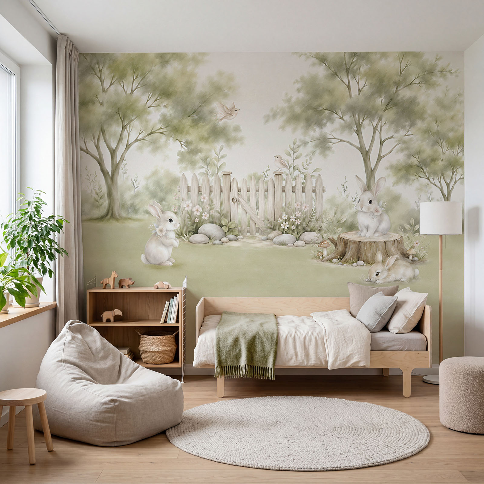 Pintura de coelhos num jardim