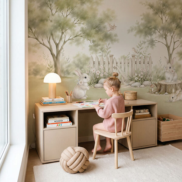 Pintura de coelhos num jardim